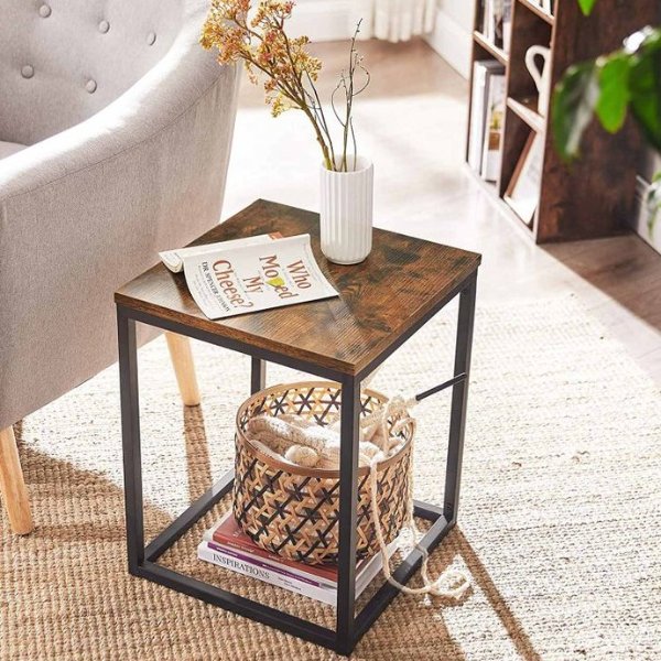 VASAGLE Rustic Brown Small Square End Table with Metal Frame