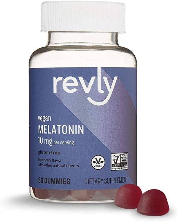 Amazon Brand - Revly Melatonin 10 mg, Helps with occasional sleeplessness, Blueberry Flavor, 60 Gummies (2 per Serving), Vegan, Non-GMO