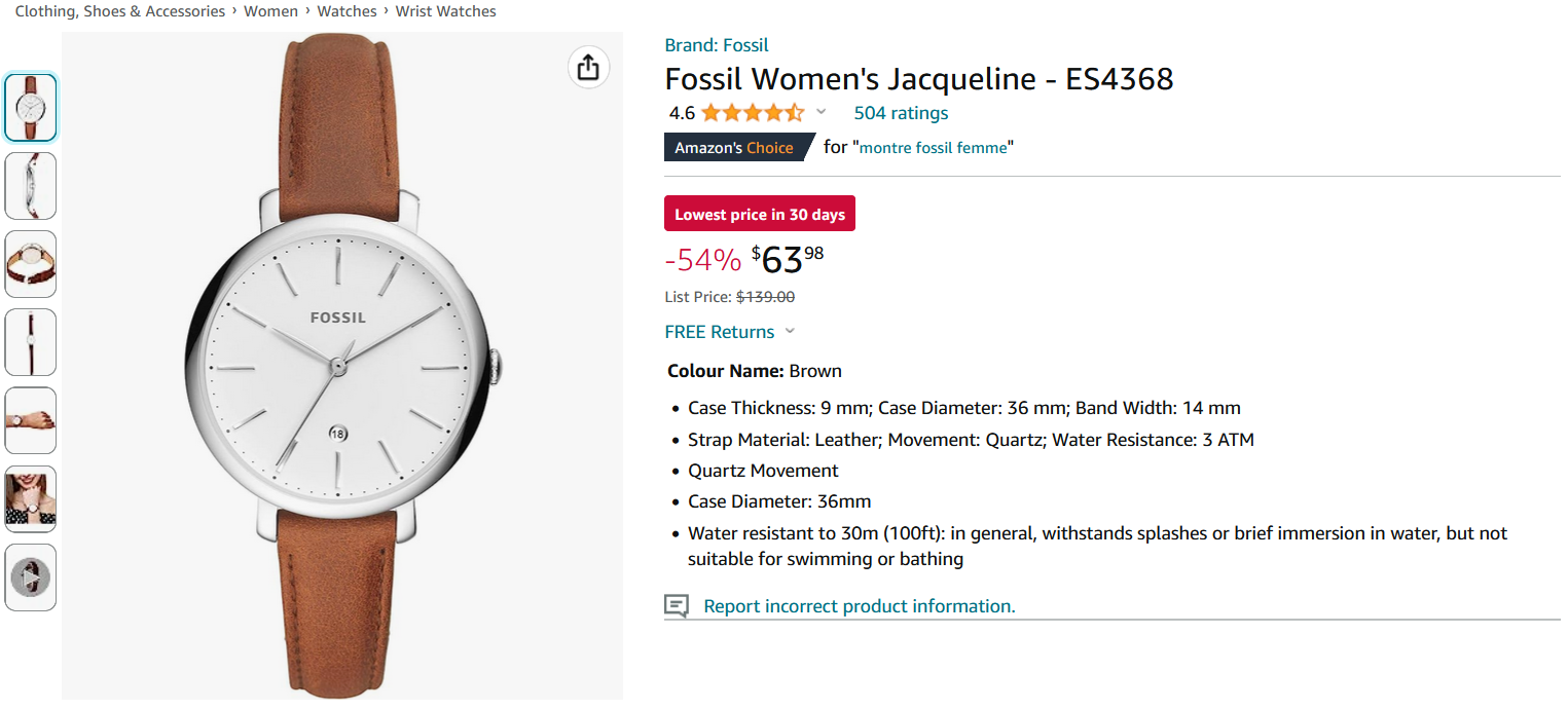 Fossil杰奎琳女士石英腕表 棕色 ES4368