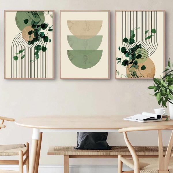 3pcs Mid Century Abstract Vintage Painting Boho Green Plant Eucalyptus Leaf Geometry Graphic Art Poster Retro Canvas Print Modern Wall Picture for Living Room,Home Decoration,Frameless
