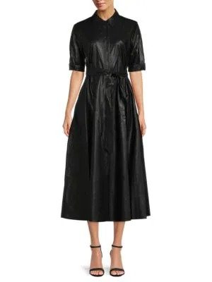 ​Belted Faux Leather Maxi A Line Dress