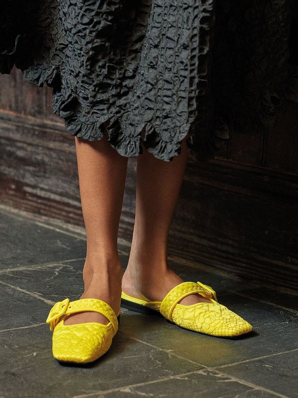 Yellow Cecilie Bahnsen X Charles & Keith: Quilted Recycled Satin Camelia Mules