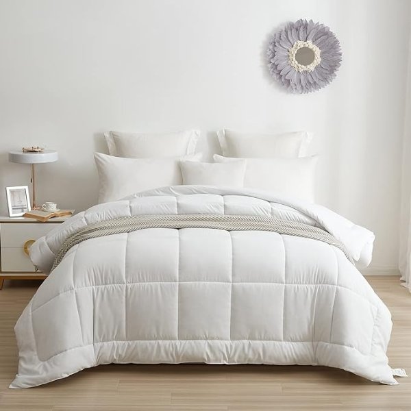 Hotel Comforter Queen, Down Alternative Comforter with Corner Tabs - All Season Quilted Queen Size 240 GSM White Comforter, Machine Washable Microfiber Bedding