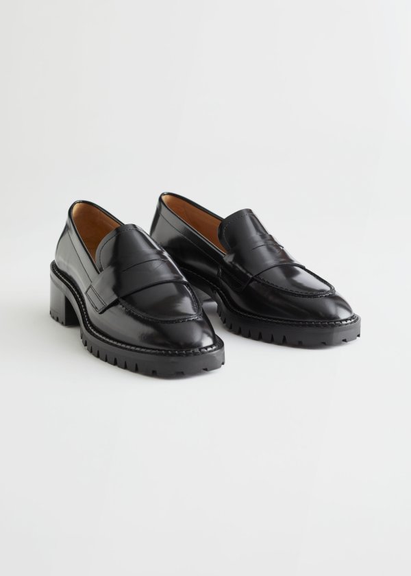 Heeled Leather Penny Loafers