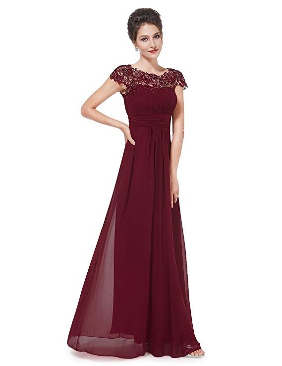 Womens Cap Sleeve Lace Neckline Ruched Bust Evening Gown 09993