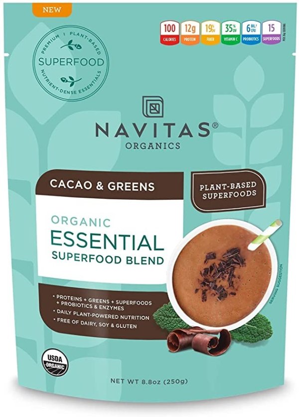 Essential Superfood Protein Blend, Cacao & Greens, 8.8 oz, Bag, 10 Servings — Organic, Non-GMO, Gluten-Free, Plant-Based Protein