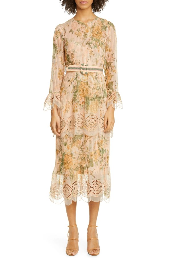 Amelie Floral Pintuck Long Sleeve Cotton & Silk Midi Dress
