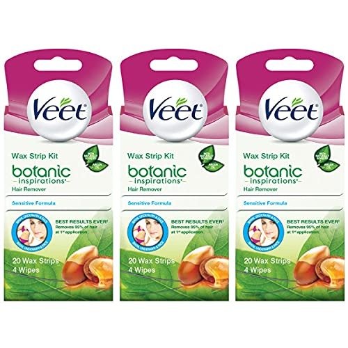 Hair Removal Wax Strips- VEET Botanic Inspirations Easy- Gelwax Technology, Sensitive Formula Hair Remover Wax Strip Kit with Argan Oil, 20 wax strips with 4 wipes (Pack of 3)