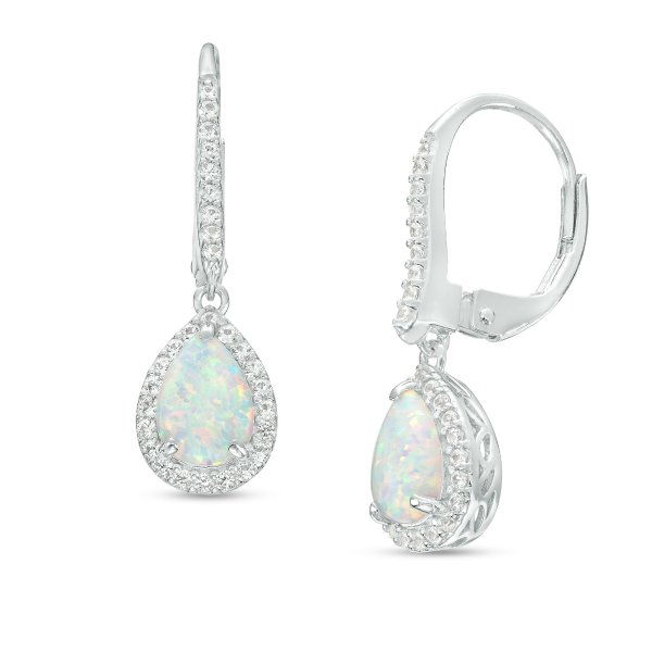 Pear-Shaped Lab-Created Opal and White Lab-Created Sapphire Frame Drop Earrings in Sterling Silver|Zales