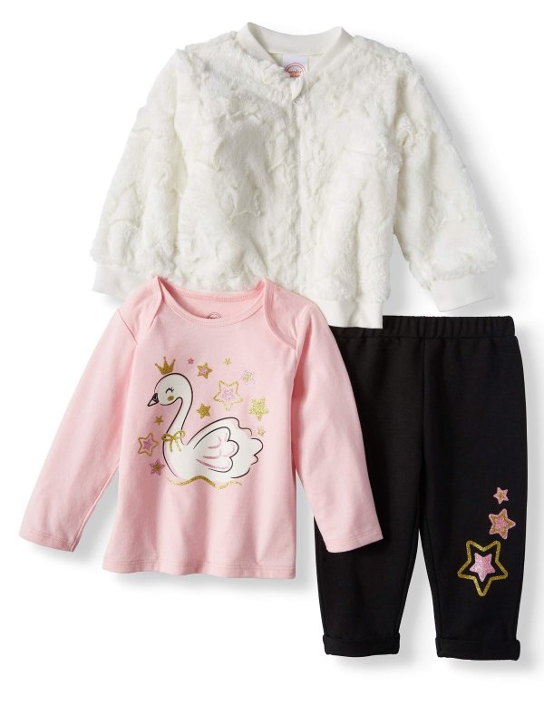 Minky Bomber Jacket, Long Sleeve T-shirt, & French Terry Jogger Pants, 3-Piece Outfit Set (Baby Girls)