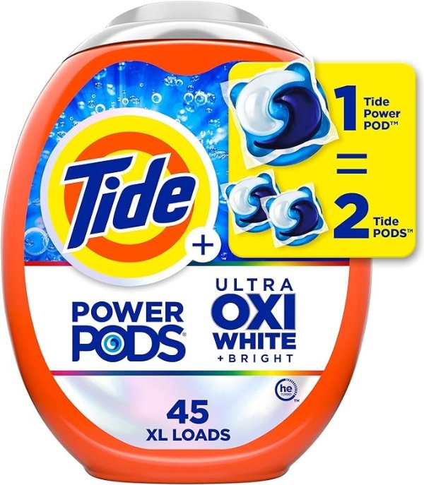 Power PODS Plus Ultra OXI White and Bright Laundry Detergent, 45 Count, Advanced Stain Removal and Whitening Power