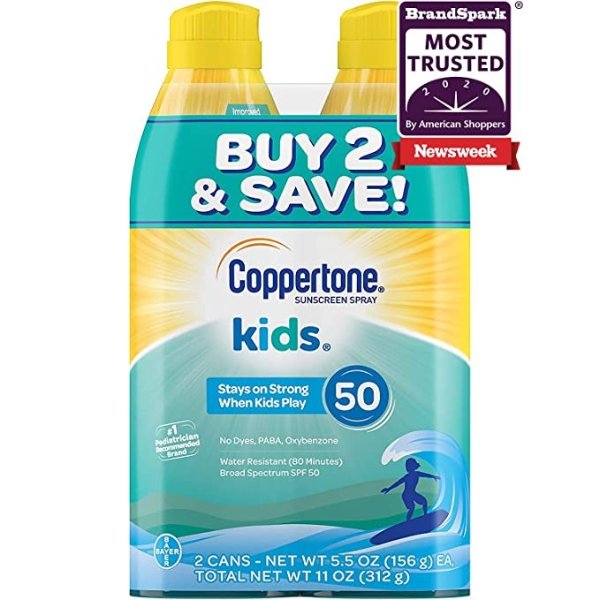 KIDS Sunscreen Continuous Spray SPF 50 (5.5 Ounce, Pack of 2) (Packaging May Vary)
