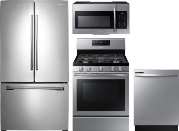 SARERADWMW4967 4 Piece Kitchen Appliances Package with French Door Refrigerator, Gas Range, Dishwasher and Over the Range Microwave in Stainless Steel