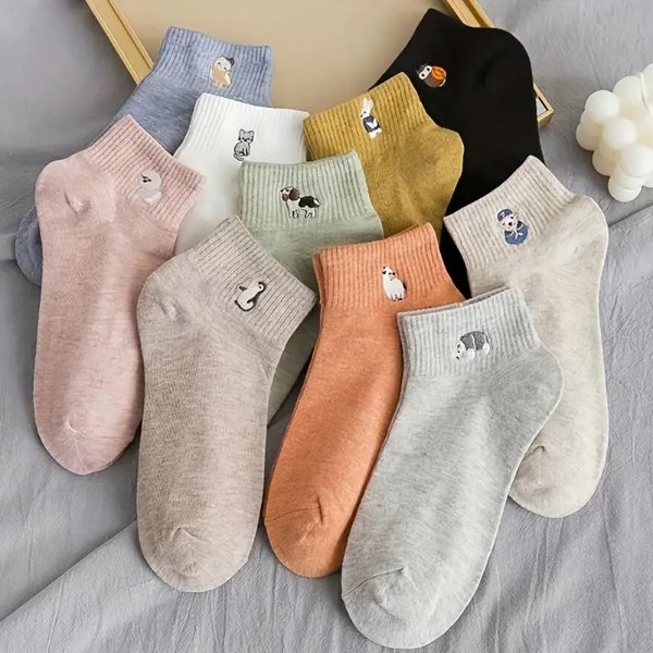 10 Pairs Women Sock Cotton Socks Women's Cute Animal Embroidered Socks Ankle Socks Boat Socks Low Cut Ankle Socks Cotton