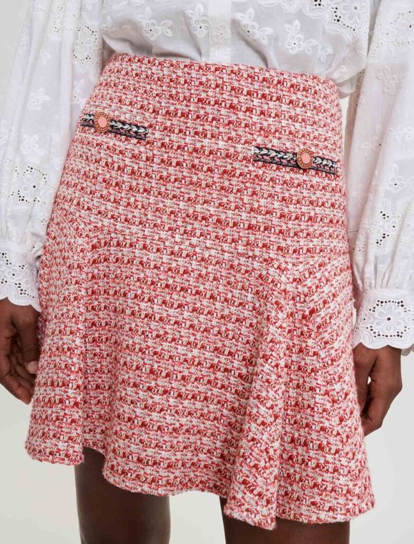 222JENETIA Ethnic trim tweed skirt