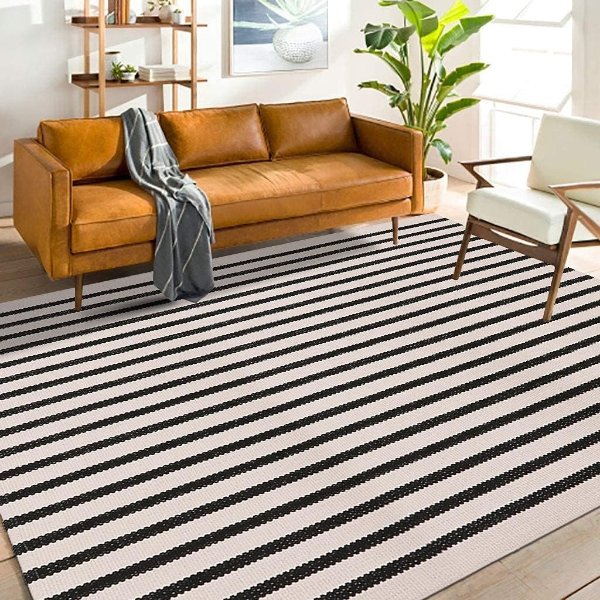 LEEVAN Black and White Striped Outdoor Area Rug 4x6 ft