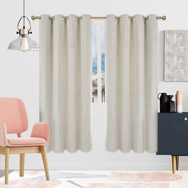 Deconovo Silver Print Room Darkening Curtains 72 Inches Long, Thermal Insulated Window Treatments, Light Blocking Bedroom Curtains (52x72 Inch, Light Beige, 2 Panels)