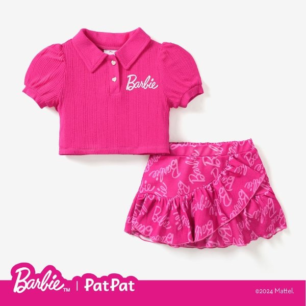 Barbie 2pcs Toddler/Kids Girls Alphabet Print Puff Sleeves Top with Allover Logo Print Skirt Set