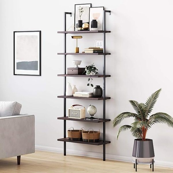 Theo 6-Shelf Tall Bookcase, Wall Mount Bookshelf with Natural Wood Finish and Industrial Metal Frame, Nutmeg/Matte Black