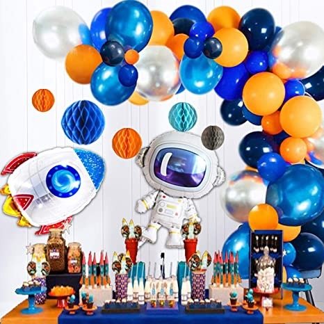 92pcs Outer Space Balloon Arch Garland Kit, Blue Silver Orange Balloons and Astronaut Rocket Balloons Honeycomb Balls for Kids Birthday Party Decorations