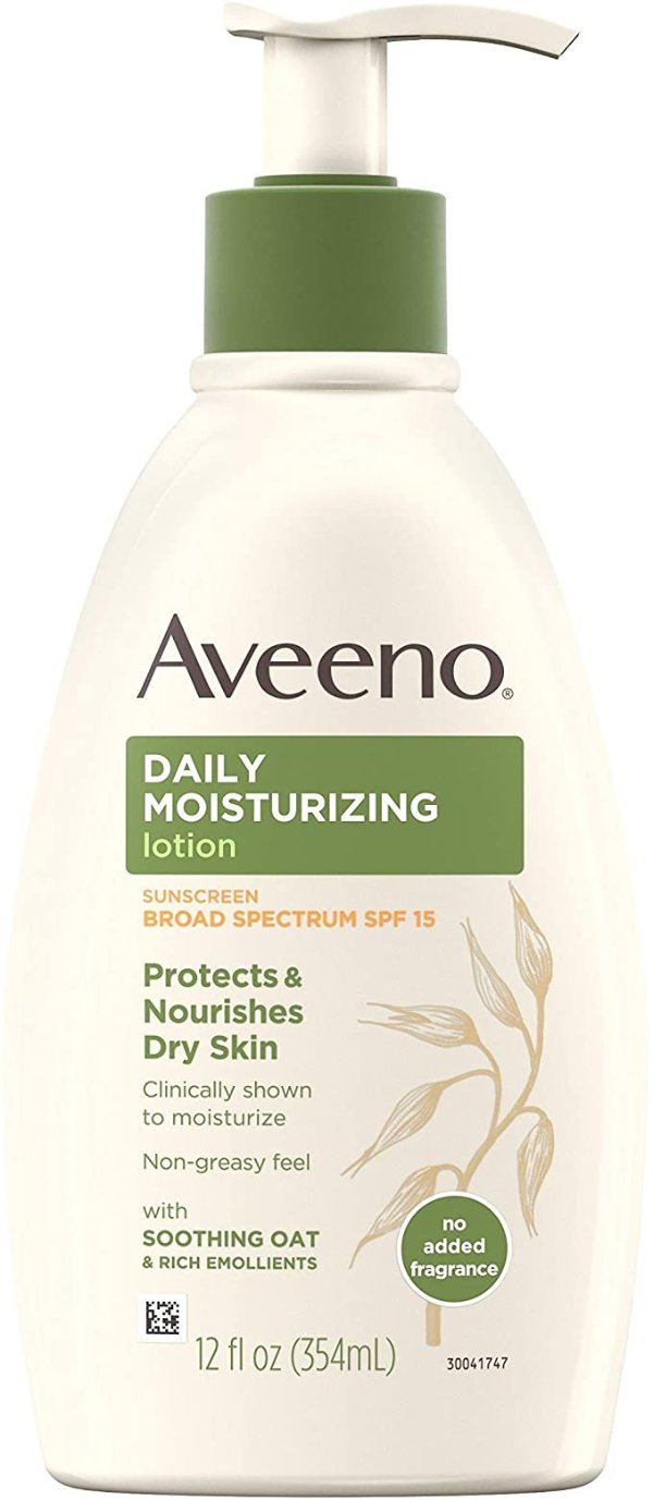 Daily Moisturizing Body Lotion with Broad Spectrum SPF 15 Sunscreen, Soothing Oat & Rich Emollients to Nourish Dry Skin, Non-Greasy, 12 fl. oz