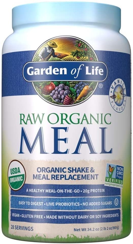 Raw Organic Meal Replacement Powder - Vanilla, 28 Servings, 20g Plant Based Protein Powder, Superfoods, Greens, Vitamins Minerals Probiotics & Enzymes All-in-One Meal Replacement Shake