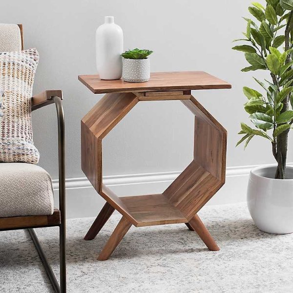 Acacia Wood Octagon Side Table with Drawer