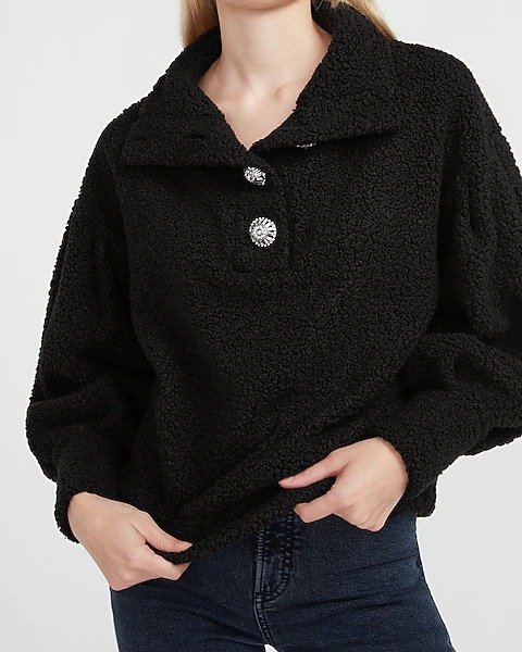 Cozy Jewel Embellished Button Sherpa Sweatshirt