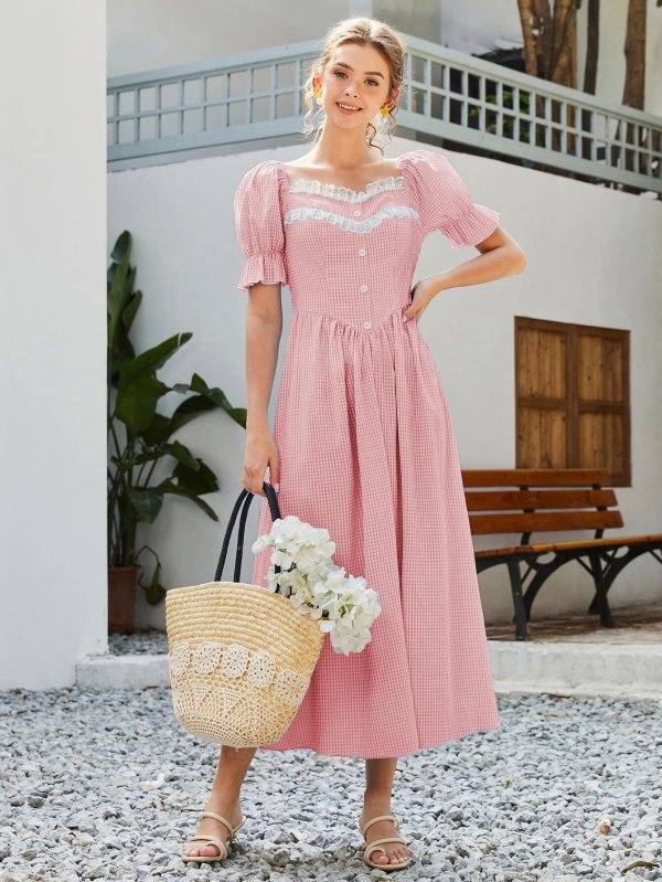 Contrast Lace Trim Puff Sleeve Gingham Dress