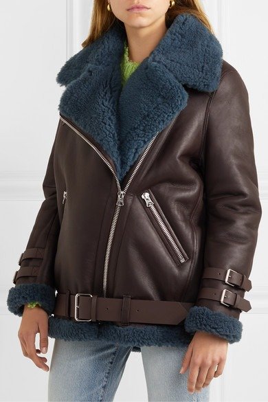 Velocite two-tone shearling-trimmed leather biker jacket