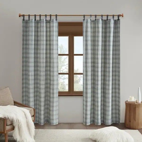 Salford Plaid Faux Leather Tab Top Single Curtain Panel with Fleece Lining - Blue