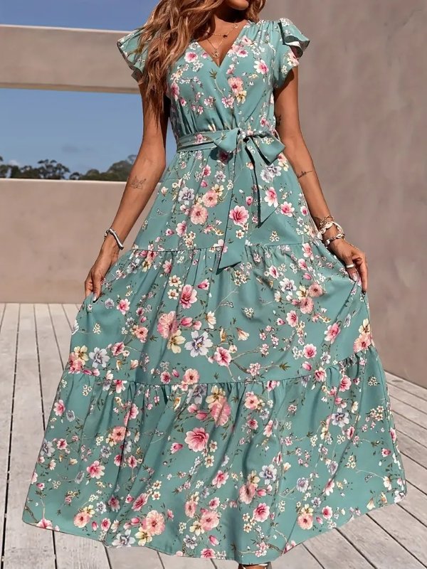 Floral Print Flutter Sleeve Dress, Elegant V-neck Dress For Spring & Summer, Women's Clothing
