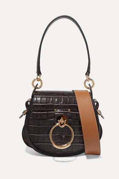 Tess small croc-effect leather and suede shoulder bag