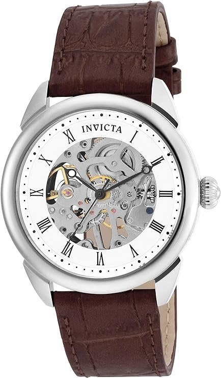 Men's Specialty 42mm Analog Display Mechanical Hand Wind Brown Leather Watch, Silver, Gold, (Model: 17185, 17188)
