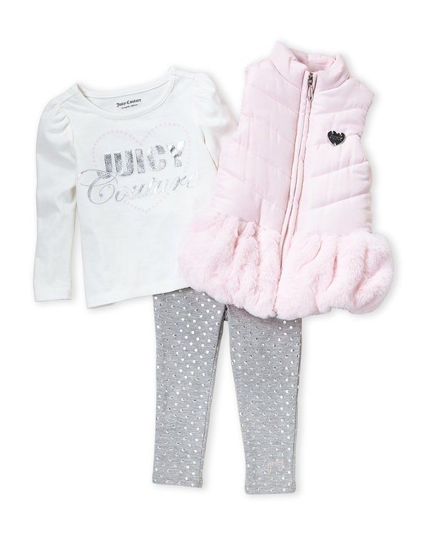 (Toddler Girls) 3-Piece Faux Fur Trim Puffer Vest and Pants Set