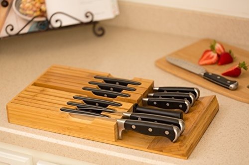 In-Drawer Bamboo Knife Block Holds 12 Knives (Not Included) Without Pointing Up PLUS a Slot for your Knife Sharpener! Noble home & chef Knife Organizer Made from Quality Moso Bamboo