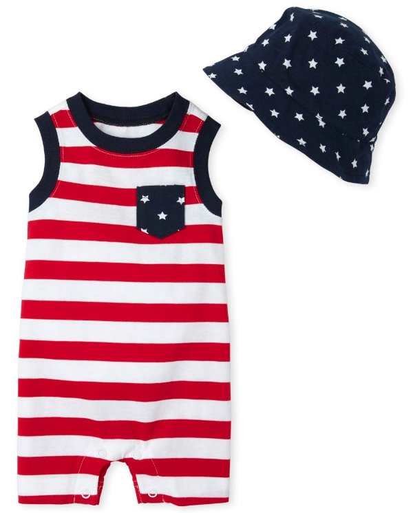 Baby Boys Sleeveless Striped Knit Romper And Bucket Hat Outfit Set