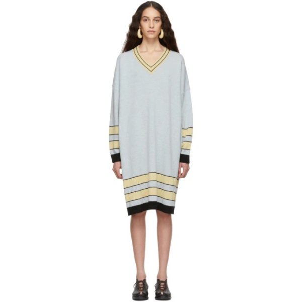 - Blue Striped Wool V-Neck Sweater Dress