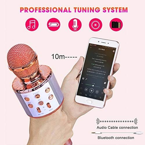 Wireless 4 in 1 Bluetooth Karaoke Microphone, Handheld Portable Karaoke Machine, Home KTV Player with Record Function, Compatible with Android & iOS Devices(Pink)