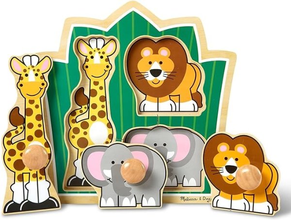 Melissa & Doug Jungle Friends Safari Animals Jumbo Knob Wooden Puzzle - Wooden Peg Chunky Baby Puzzle, Preschool Learning Puzzle, Wooden Puzzle Board For Toddlers Ages 1+