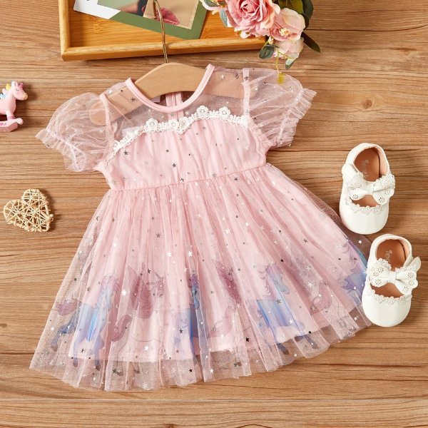 Animal Print Pink Puff Sleeve Sequins Mesh Baby Princess Dress