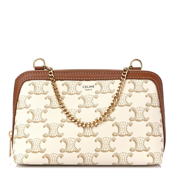 Lambskin Triomphe Canvas Clutch With Chain White Tan