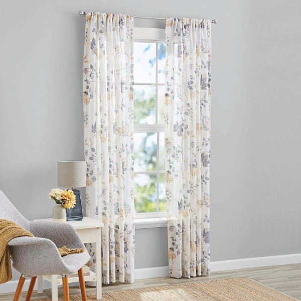 Yellow Floral 100% Cotton Indoor Sheer Rod Pocket Single Curtain Panel , White , 50" x 84"