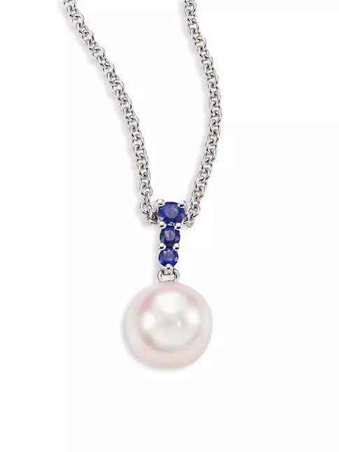 Morning Dew 8MM White Cultured Akoya Pearl, Sapphire & 18K White Gold Pendant Necklace