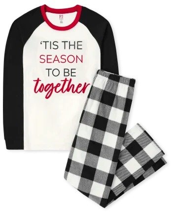 Unisex Adult Matching Family Christmas Long Raglan Sleeve ''Tis The Season To Be Together' Cotton Top And Buffalo Plaid Fleece Pants Pajamas | The Children's Place - BLACK