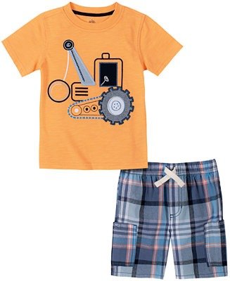 Toddler Boys Short Sleeve Tractor T-Shirt and Plaid Shorts, Set of 2