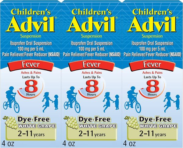 Children�s Advil Pain Reliever and Fever Reducer, Dye Free Children's Ibuprofen for Pain Relief, Liquid Ibuprofen for Children, White Grape - 4 Fl Oz (Pack of 3)