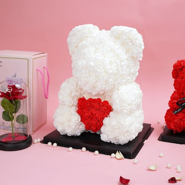 白色小熊仿真玫瑰花束 爱心款 520情人节礼物 25cm | 亚米