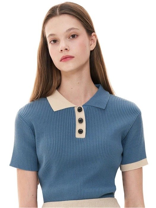 CTC1 Knit Edition Collar Point Half Top Blue