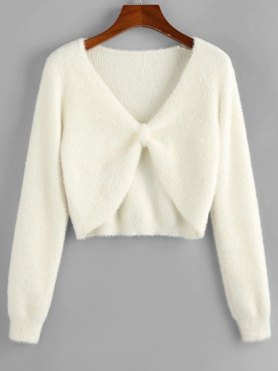 ZAFUL Fuzzy Knit Knotted Short Sweater WHITE